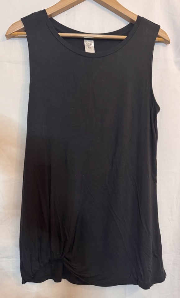 12 NOW Black Crew Neck Sleeveless Stretch Asymmetric Ruched Gather Yoga Gym Top