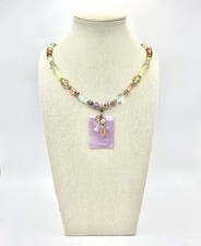 Vintage Pastel Carved Art Sea Glass Necklace Pendant Bubble Leaf Bead MOP