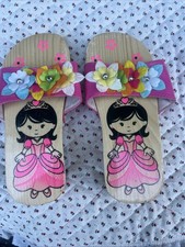 Wooden Toddler Girl Sandals Pink Straps With Fabric Flowers Size 17