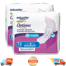2PK Equate Options Incontinence Pads for Women Moderate Regular Absorbency 72 Ct