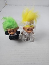 Vintage 1990's Russ Troll Doll Bride and Groom Wedding Set with GreenYellowHair