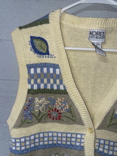 Koret Sweater Vest Floral Embroidered Granny Cottage Core Vintage Medium Yellow - Afbeelding 3 van 11