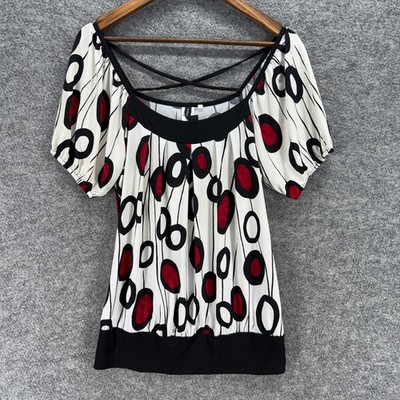 Heart Soul Blouse Women XL White Geometric Short Sleeve Round Neck Pullover
