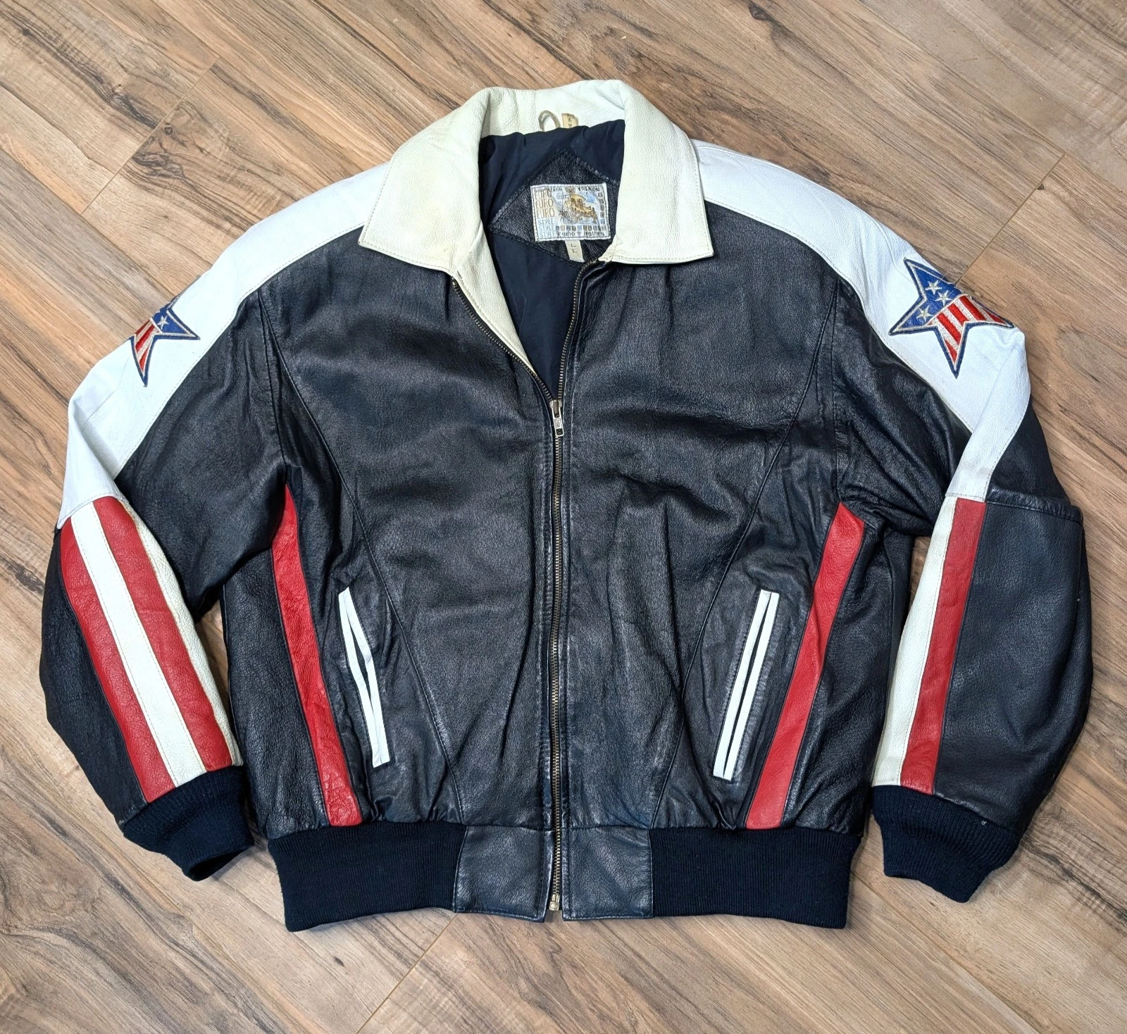 Rare Vintage USA Black Leather Jacket Gino Leathers Star Patches Size L 250th image 2