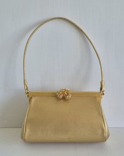 Vintage Rosenfeld Italy Gold Leather & Gold Tone Metal Trim Hinged Frame Purse