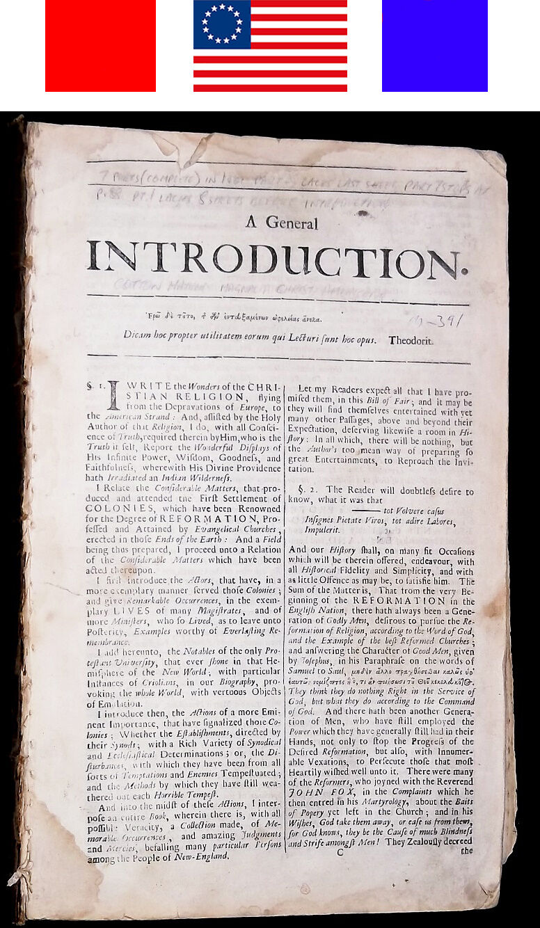1702 ANTIQUE HISTORY OF NEW-ENGLAND Magnalia Christi Americana Cotton Mather