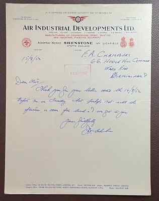 1952 Air Industrial Developments Ltd, Kompressorhersteller, Shenstone, Mitarbeiterbrief