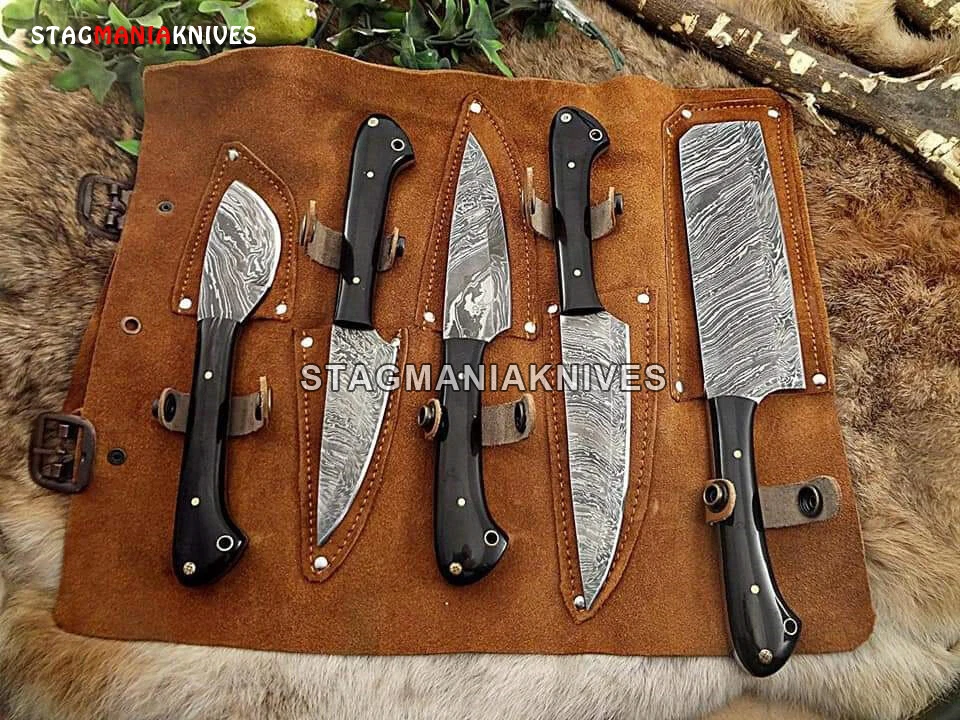 5 PCS Custom Hand Forged Damascus Steel Full Tang Chef Kitchen Dining Knife Set