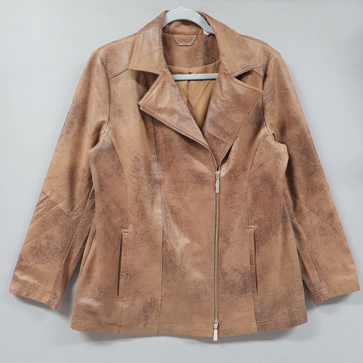 CHICOS Motorcycle Jacket Womens sz (8/10) Brown Coated Faux