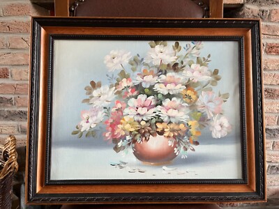 Vintage Ölgemälde Stillleben Blumen in Vase geschnitzter Holzrahmen 49 cm x 39 cm