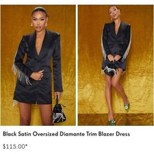 Pretty Little Thing Black Satin Oversized Diamante Trim Blazer Dress 4 NWT