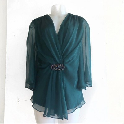 Women Collection By Dressbarn Evening Dark Teal Blouse W Brooch