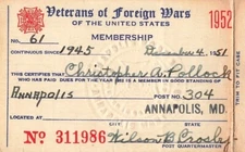 1952 Veterans of Foreign Wars Membership Card Vintage Military Air Force *A8b