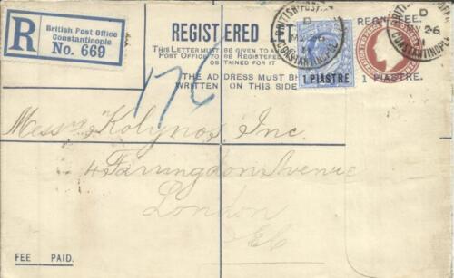 Great Britain -OFFICE IN TURKEY- Registered Postal Envelope-HG:C15 uprated SG#13 - Picture 1 of 3