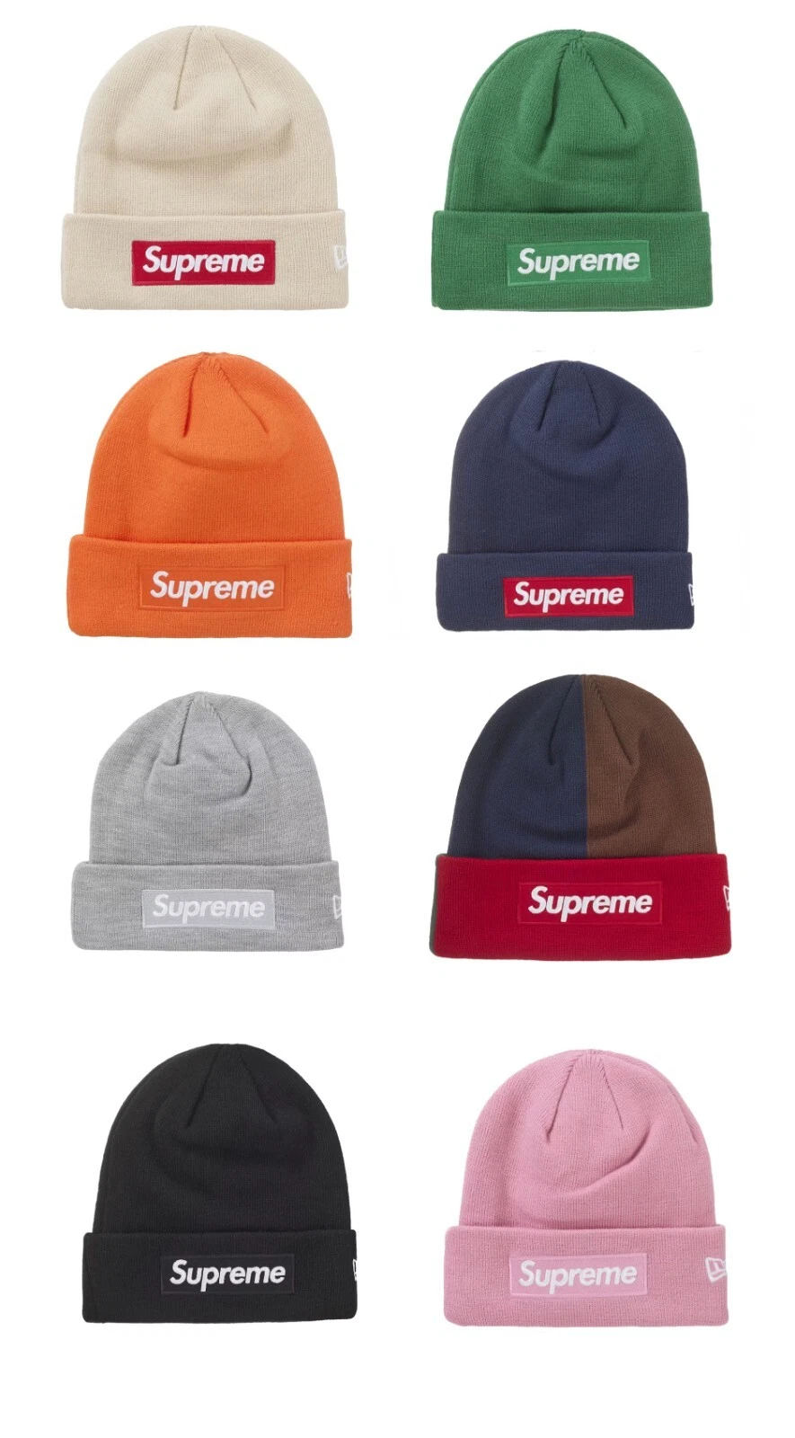 Bonnet Supreme New Era Box Logo Noir Vert Naturel Orange Marine Taille Réglable