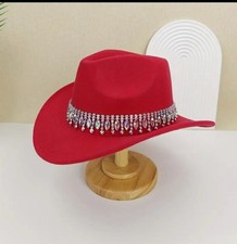 Red Cowboy Hat Rhinestone Bling Western Fedora Wide Brim Women