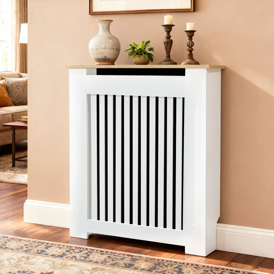 Slatted Vertical White Radiator Cover w/ Top Storage Shelf Heater Cover Cabinet - Image 4 of 4