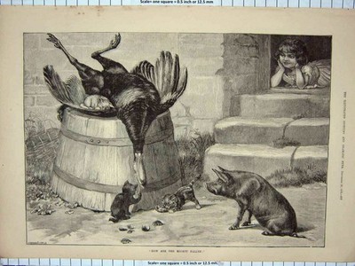 Alter antiker Druck 1855 kleines Mädchen Haus Tür-Tritt tot Truthahn Schwein Kätzchen 19.