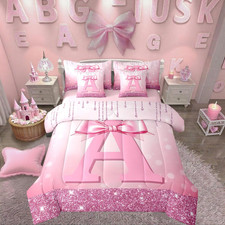 Kids Pink Bow Queen Comforter Set Teen Girl Letter Initial a Bed in a Bag with F