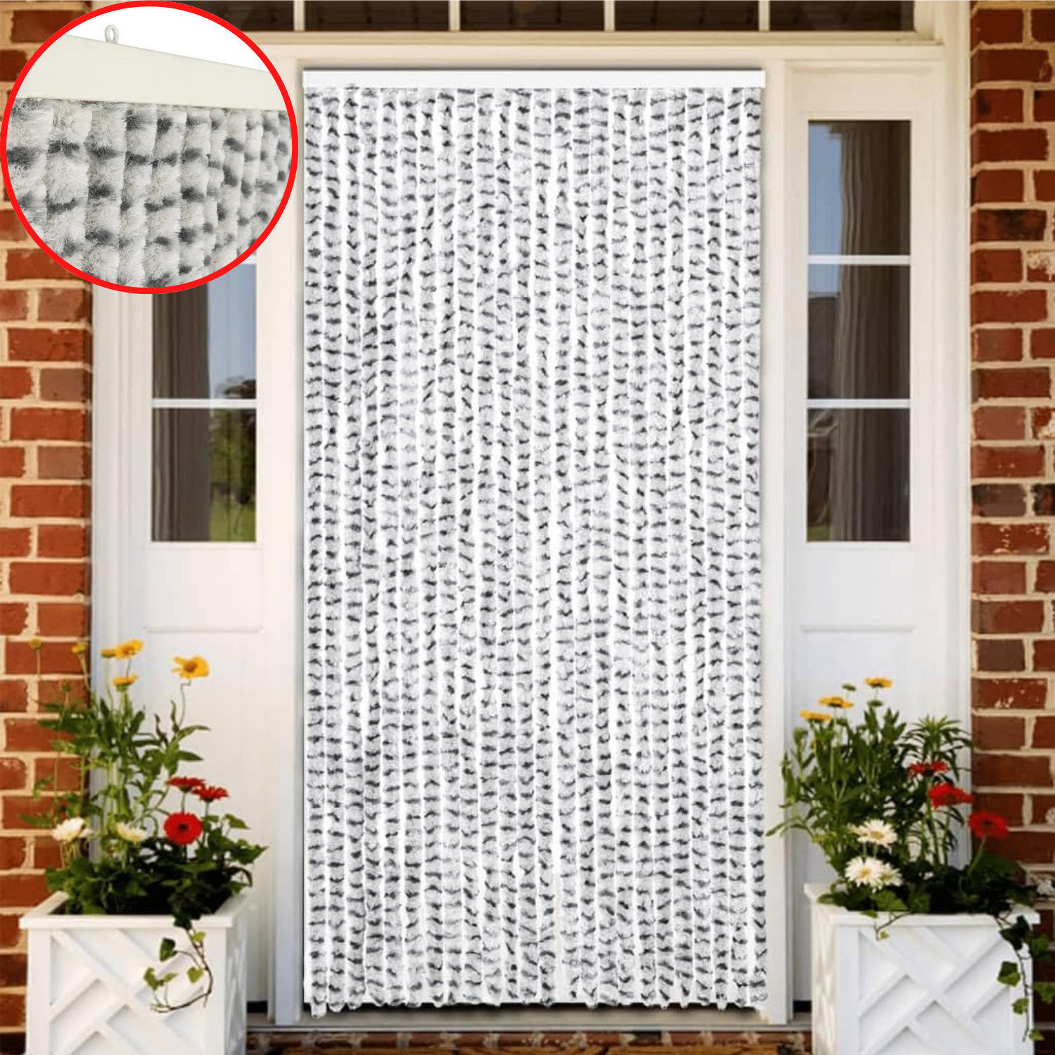 Rideau de porte chenille gris idéal pour traverser librement vers le jardin en été