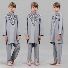 Kids Boys 2Pcs Outfits Blouse Top Long Pants Saudi Dishdasha Kaftan Suit Clothes