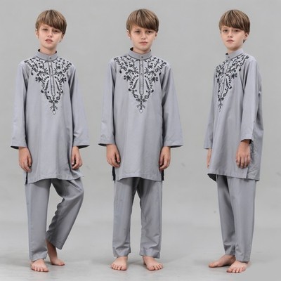 Kids Boys 2Pcs Outfits Blouse Top Long Pants Saudi Dishdasha Kaftan Suit Clothes