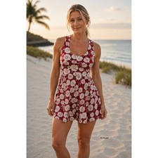 Boho Floral Open Back Mini Dres Large Festival Cottagecore Red Ivory Romantic