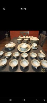 Noritake 105-Piece China Dinner Set Floral White Blue Gold Round Japan