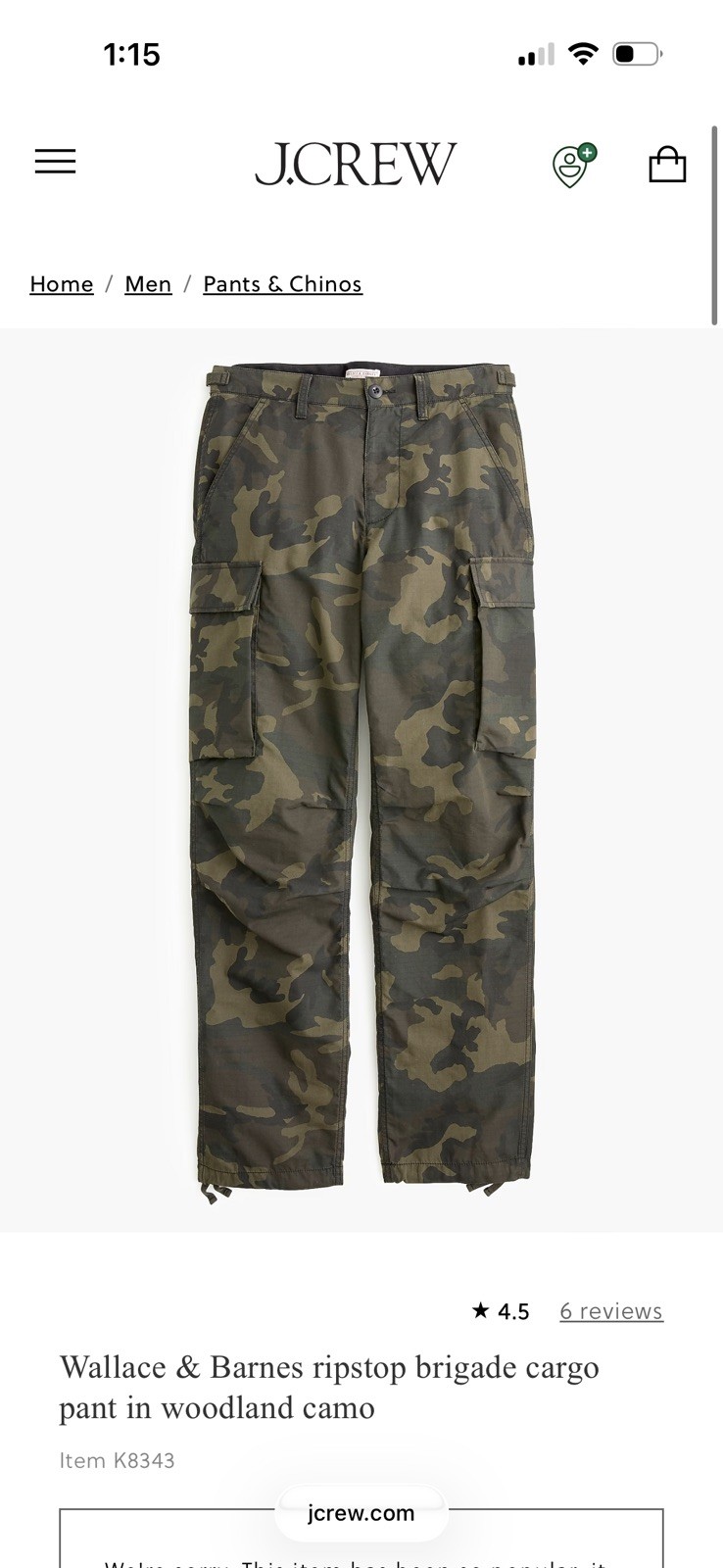Wallace & Barnes J. CREW Cargo Pants camo 30 NEW