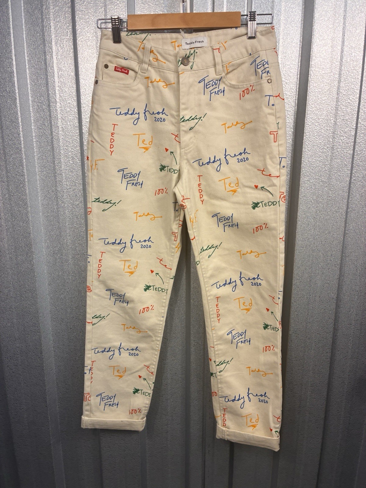 Teddy Fresh Doodle All Over Print Jeans Cream Multicolor High Rise Denim Size 28