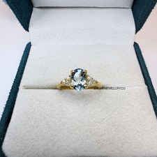 Blue Aquamarine Ring, Three Stone Ring, 925 Sterling Silver, March Birthstone