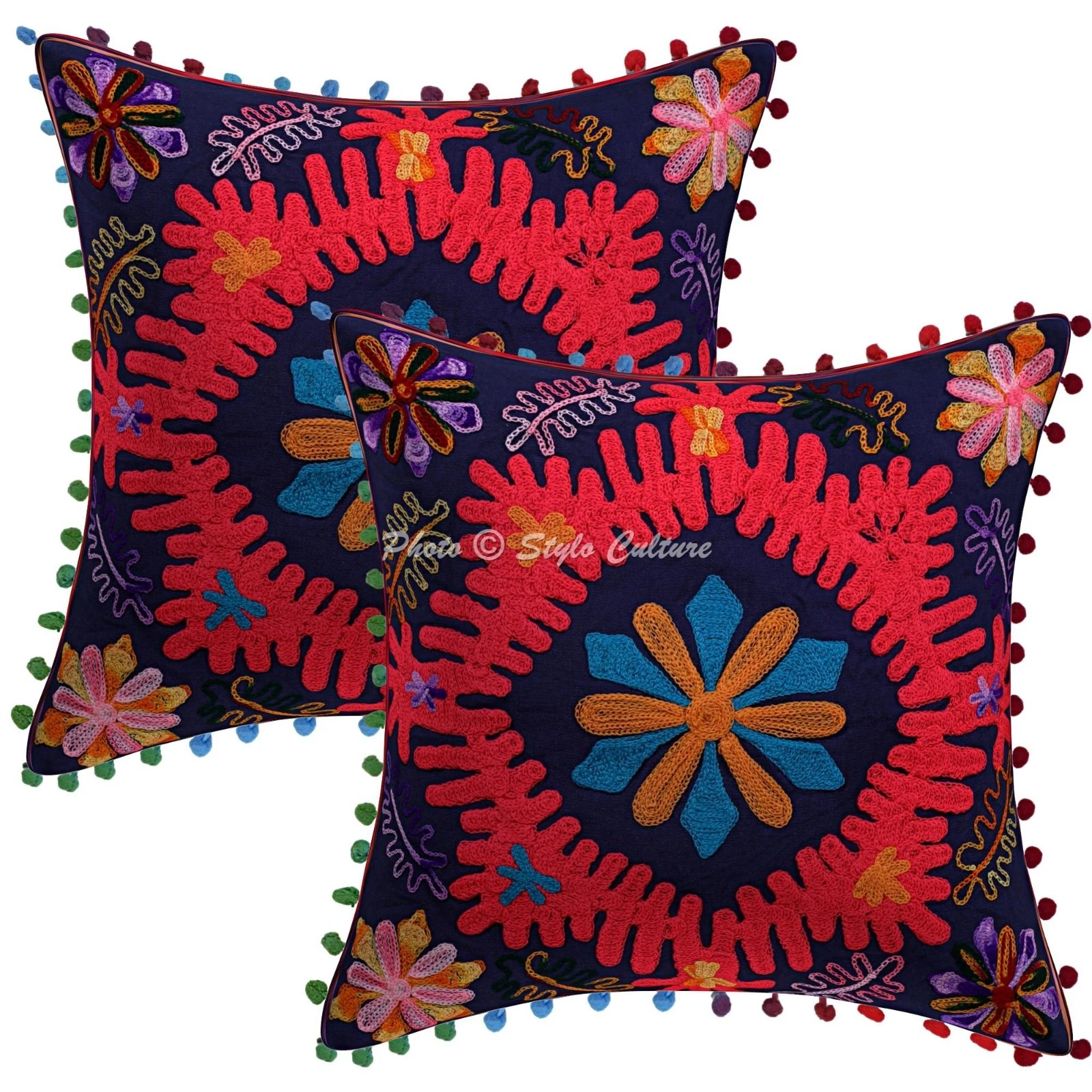 Bohemian Suzani Embroidered Pom Pom Throw Pillow Covers Cotton Blue Indian Decor