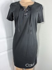 Calvin Klein Womens Dress Sz M Black LaceUp Logo TShirt knee length Short Sleeve