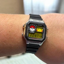 Custom Pikachu Face -  Casio AE-1200WH - Custom Screen, With Pokeball