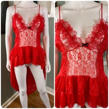 Vintage 80s Stroke of Midnight Sheer Lace Nylon High-Low Negligee Lingerie Large