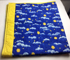 Baby Quilt Handmade Blue Yellow Sun clouds stars moon daisies Crib 36x42"