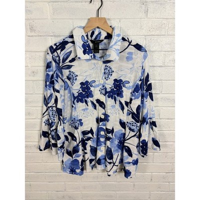 Ali Miles Blue Floral Button Up Tunic Top Women L Bell Sleeve Blouse