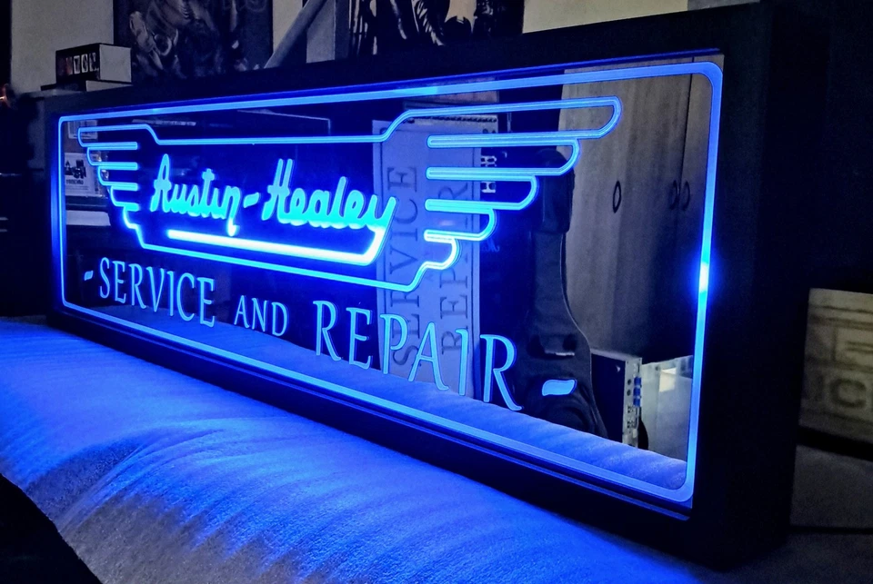 AUSTIN HEALEY SERVICE AND REPAIR MIRRORED BLUE LED LIGHTED SIGN - Image 4 of 4