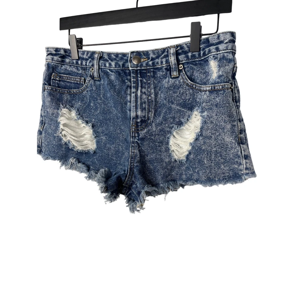 Pantalones Cortos Forever 21 Mujer Azul Jean Denim Rasgado Talla 28 Dobladillo Crudo Tiro Alto Corte Foto 4 de 4
