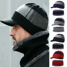 Men Winter Warm Hat Visor Beanie Knit