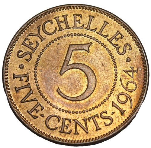 Seychelles 5 Cents, 1964~RARE 20,000 Minted~1st Year Ever~Free Shipping #152 - Picture 1 of 2