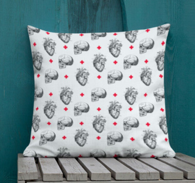 Anatomical Heart & Skulls Pillow,  Halloween home decor, medical, nurse, goth