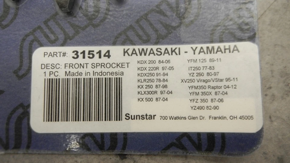 KAWASAKI KDX200 KX500 YAMAHA IT250 IT490 NOS SUNSTAR FRONT SPROCKET 31514 - Image 2 of 2