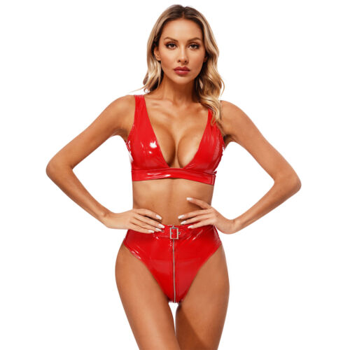 Damen Wetlook Bikini Set Badeanzug Lakleder BH Oberteil und Reißverschluss Slip - Bild 22 von 34