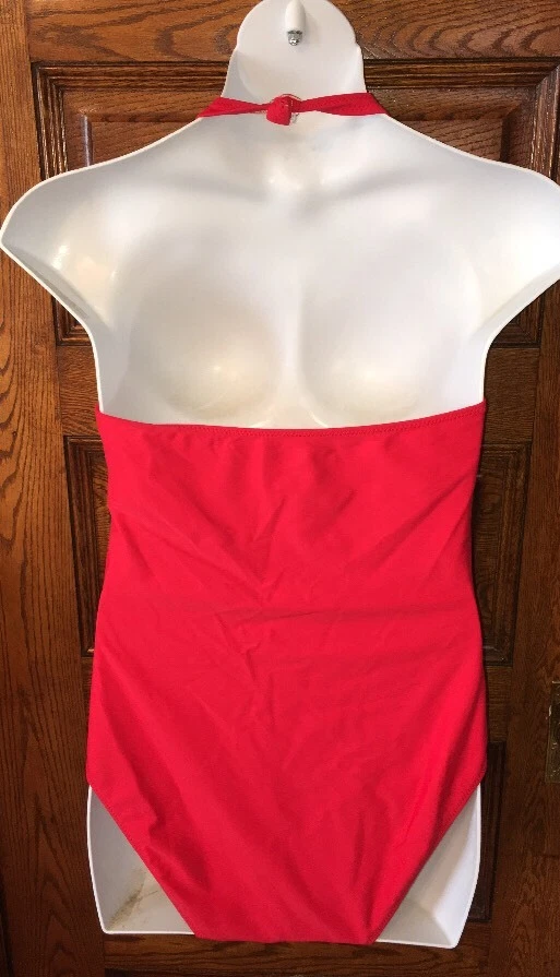 TERNO DE BANHO SPIEGEL vermelho sólido mergulho profundo 1 peça Halter, tamanho 16, SEXY! - Imagem 4 de 4