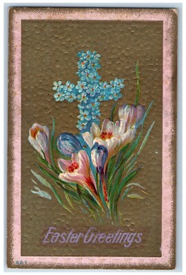 Easter Postcard Greetings Holy Cross Pansies Flowers Embossed Ankeny Iowa IA