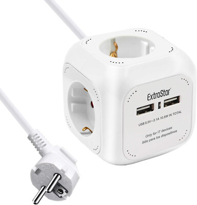 [Extrastar] 4-Fach Steckdosenwürfel mit 1.5M Kabel | 5V/2.1A | 2 USB-Anschlüssen