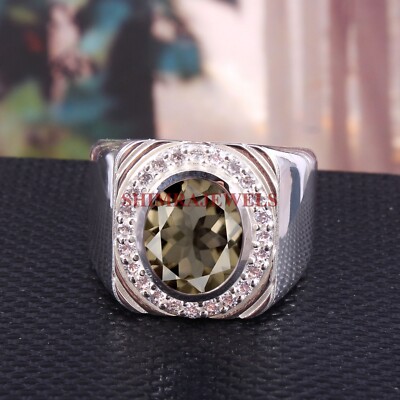 Natural Smoky Quartz Gemstone With 14K White Gold Plated Silver Men's Ring #497