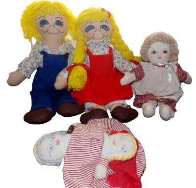 Lot Of 4 Vtg Sweet Handmade Cloth Rag  & Topsy Turvy Dolls!Painted Faces/19''-10''