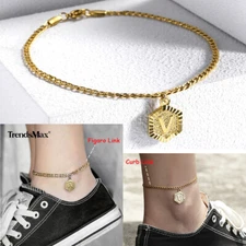 26 Letters Anklet Bracelet Gold Plated Stainless Steel Figaro/Curb Link 8-11"